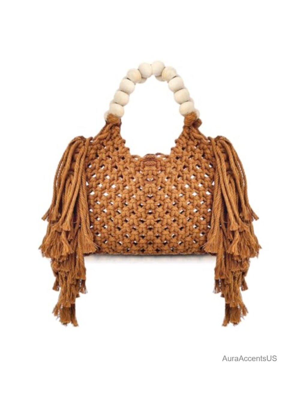 Hand-Woven Knitted Cotton Tassel Shoulder Bag Wooden Bead Handle